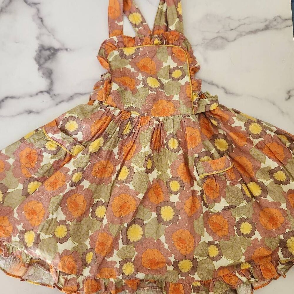 Lacey lane 5t orange 70s floral apron bib overall dress cottage ruffle retro Cot